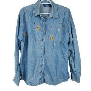 Disney Winnie The Pooh Womens Embroidered Denim Shirt Size M Honeypot Bee